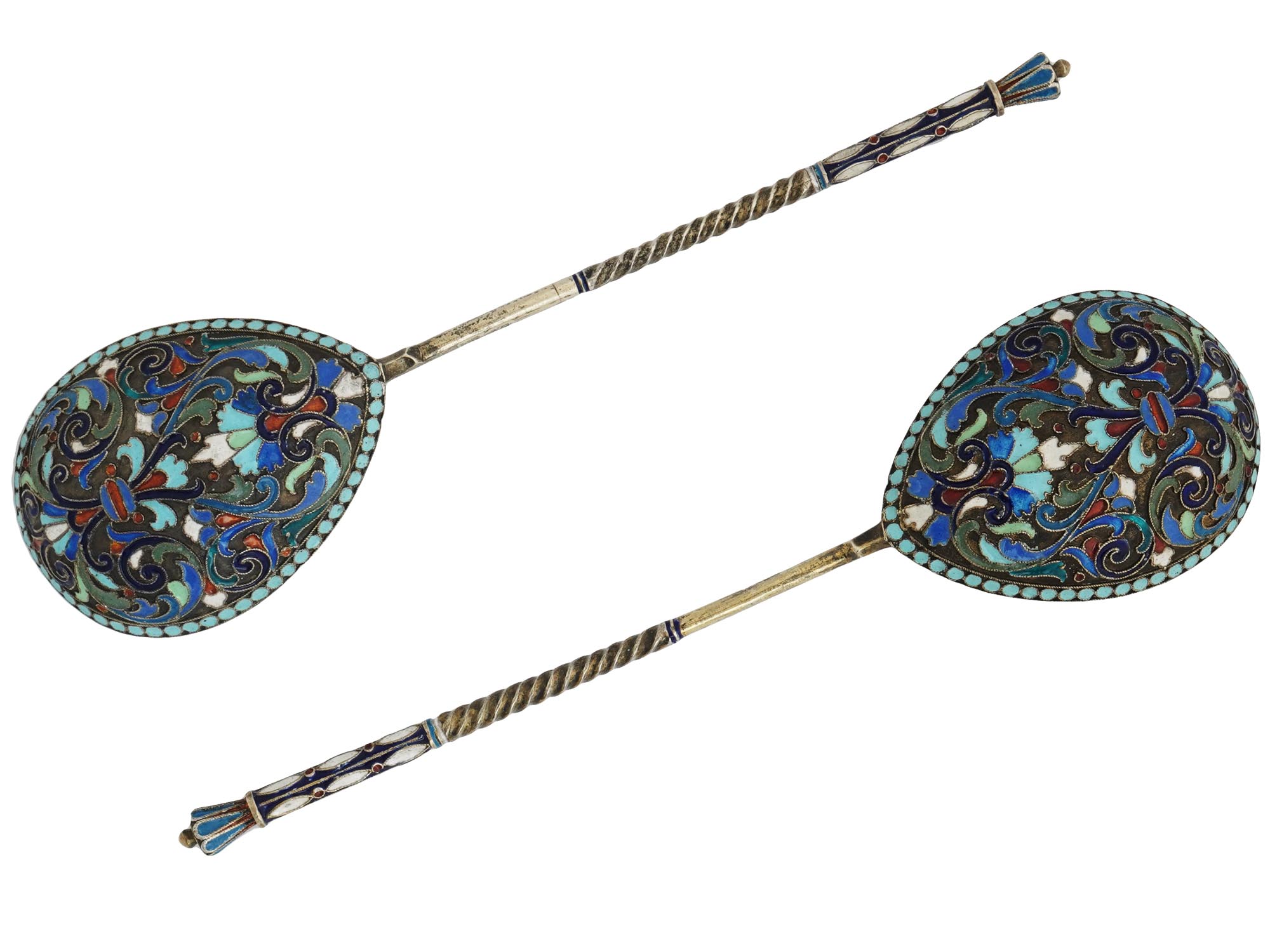 PAIR OF RUSSIAN SILVER AND CLOISONNE ENAMEL SPOON PIC-0